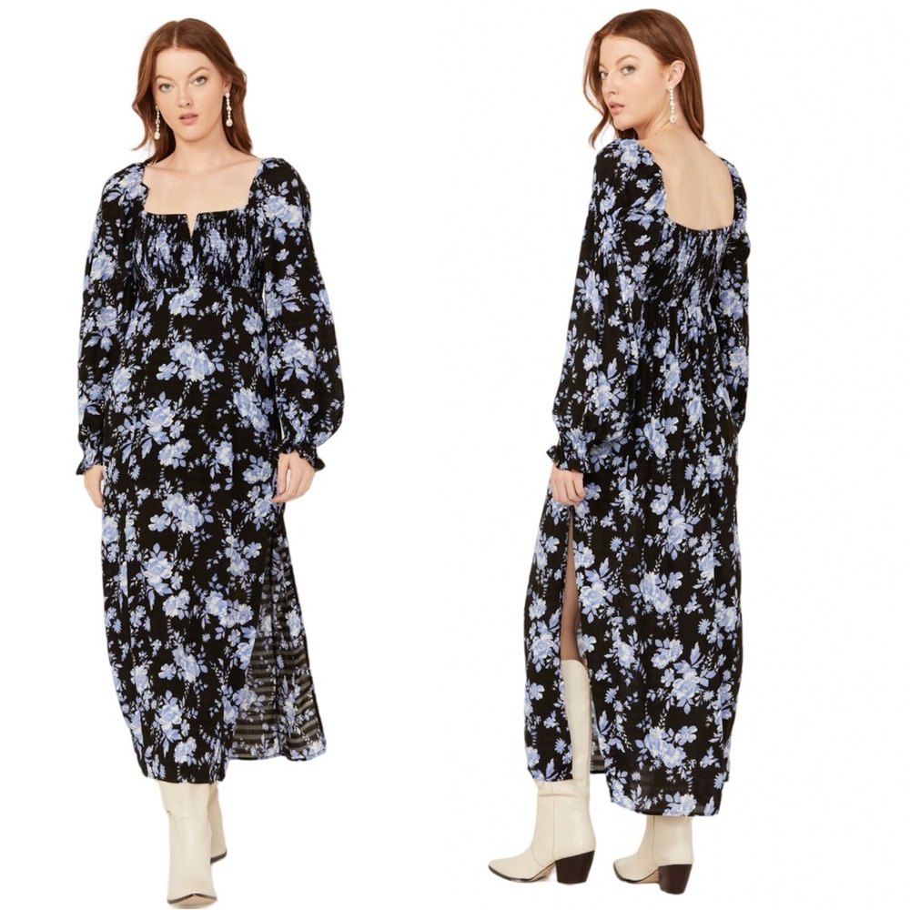 Free people floral Jaymes midi dress in blue and black size medium